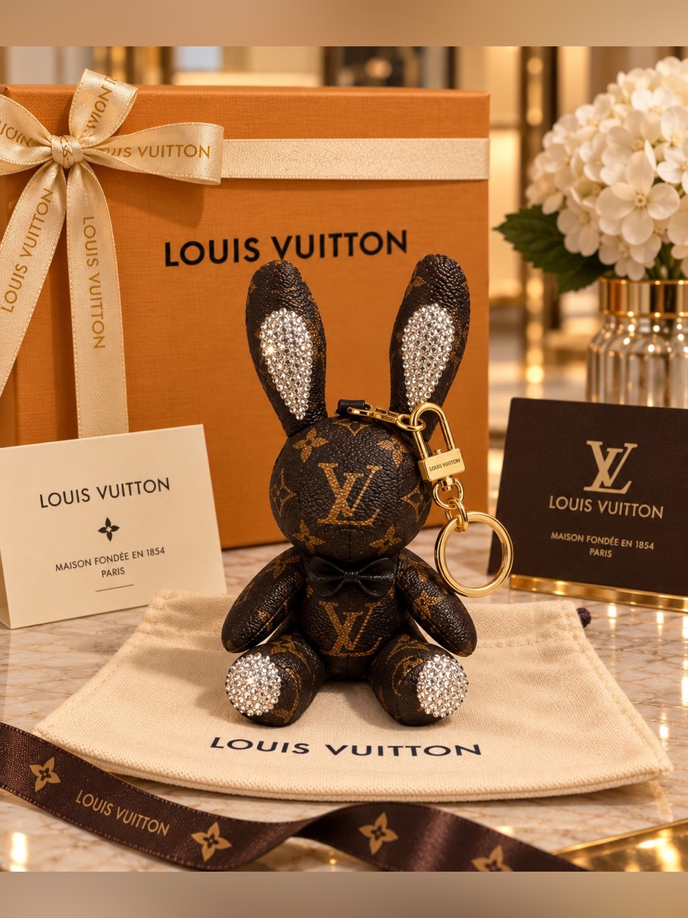 Brown Bunny Keychain with Crystal Accents